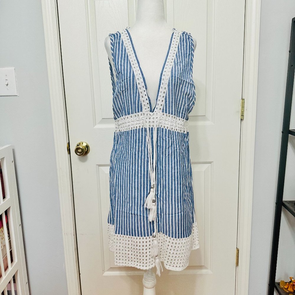 BLUE ISLAND STRIPES BLUE AND WHITE SWIM COVER-UP
